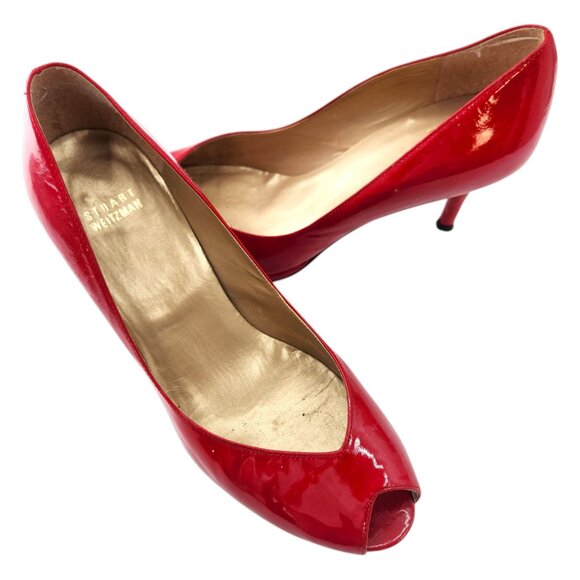 STUART WEITZMAN AUTH $399 Women Red Patent Leather Open Toe Linda Pump Size 9.5 - Picture 8 of 10